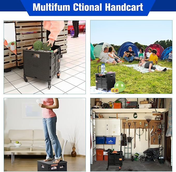 Foldable Utility Cart,Rolling Crate Heavy Duty Shopping Cart with 360° Silent Wheel with Brake System,55L Capacity,Transport Weight up to 177 Pounds,Travel Shopping Moving Luggage Office Use - Image 4