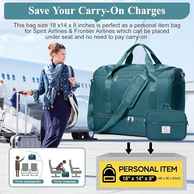 Travel Duffel Bag,Carry-On Overnight Weekender Bags with Shoes Compartment | Travel Bag with Wet Pocket & Toiletry Bag,For Spirit Airlines 18x14x8 Personal Item Bag,Small,Peacock Blue - Image 9