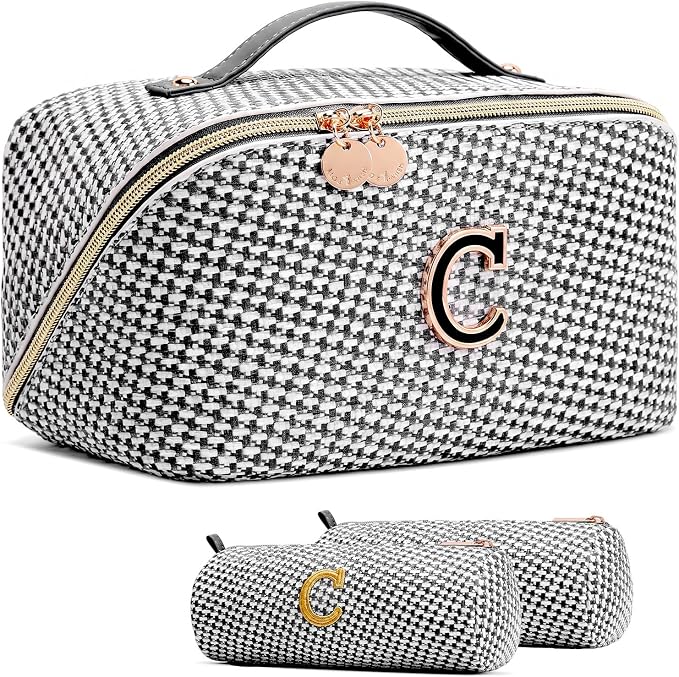 Personalized Gift Travel Makeup Bag: Initial Makeup Organizer Bag for Women | 3-in-1 Custom Make up Bag Set - Vegan Leather Travel Cosmetic Bag - Luxury Gift for Women – Birthday, Anniversary, Graduation by Unknown