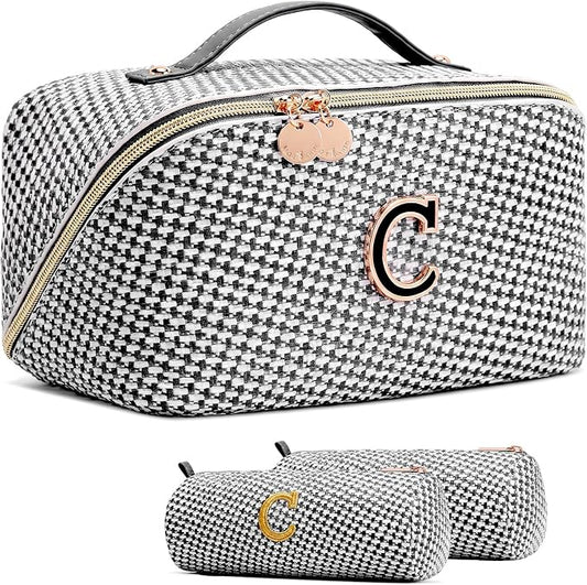 Personalized Gift Travel Makeup Bag: Initial Makeup Organizer Bag for Women | 3-in-1 Custom Make up Bag Set - Vegan Leather Travel Cosmetic Bag - Luxury Gift for Women – Birthday, Anniversary, Graduation by Unknown