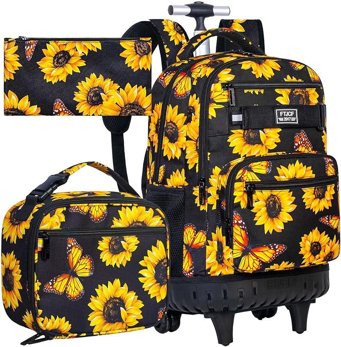 3Pcs Rolling Backpack for Girls, 19 Women Inche Roller Bag with Wheels, Sunflower Wheeled Bookbag Set for Adults(Yellow) by FTJCF