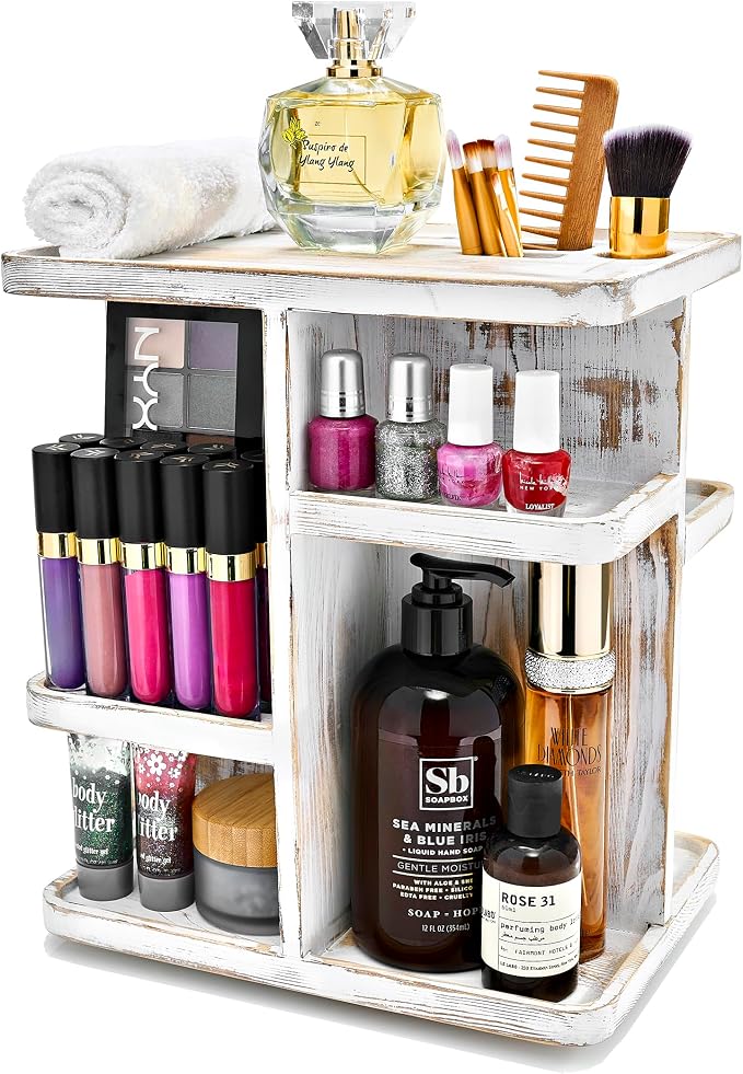 Sorbus 360° Makeup Organizer - Grey Rustic Wood Make Up Storage Carousel for Cosmetics, Skin Care Rotating Makeup Organizer for Vanity, Bathroom Storage by Sorbus