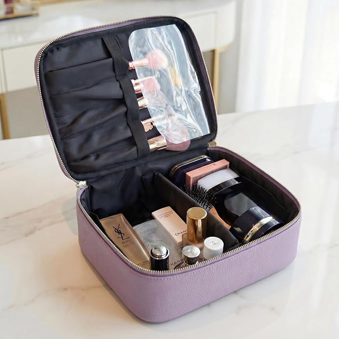 Luxury Genuine Cowhide Leather Cosmetic Organizer Bag – Large Capacity Makeup & Toiletry Travel Case with Compartment, Brush Holder for Women and Men - Image 2
