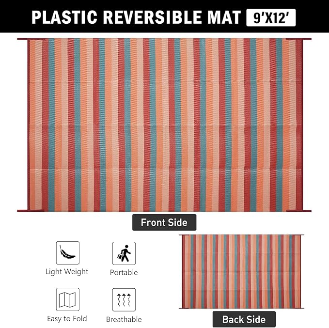PureCozy Outdoor Waterproof Patio Rug 9x12 Plastic Straw Reversible Outside Orange Red Colorful Striped Carpet Lightweight Large Rug for Camping RV Porch Deck Balcony Beach - Image 6