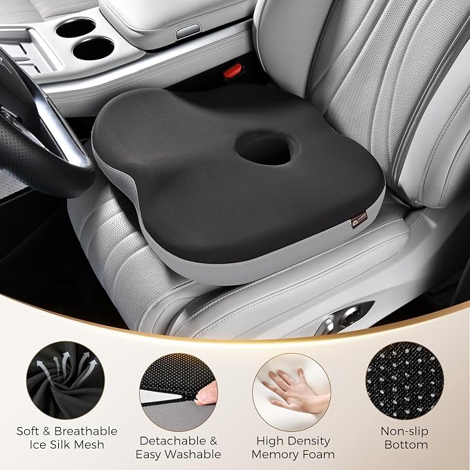 Coverado Seat Cushion for Sciatica Pain Relief, Ergonomic Memory Foam Wheelchair Cushions, Non-Slip Washable Car Seat Cushions for Driving Travel Truck Office Chair Car Driving Driver Gray&Black - Image 7