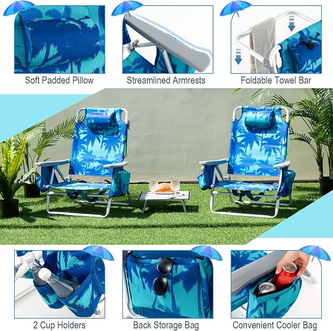 Giantex Folding Beach Chair, Patio Sling Chairs with 5 Adjustable Position, Head Pillow, Storage Bag, Towel Bar, Cup Holders, Backpack Chairs for Sunbathing, Camping Chair - Image 8