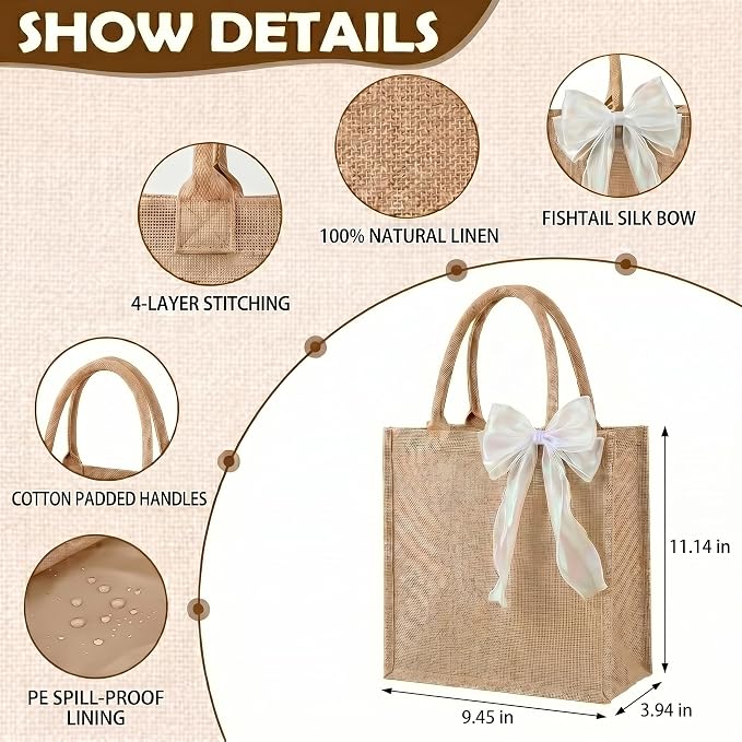 Large Burlap Tote Bags Set with Handles,Jute Tote Waterproof Reusable Bridesmaid - Image 4