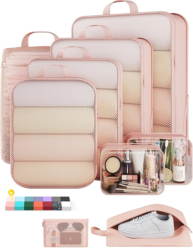 Veken 9/11 Set Compression Packing Cubes for Travel Essentials,Compressible Expandable Luggage Suitcase Organizer Bags with Garment Bag,Space Saver Bags with Over 1000 pcs of Mesh Holes(Beige) by Veken