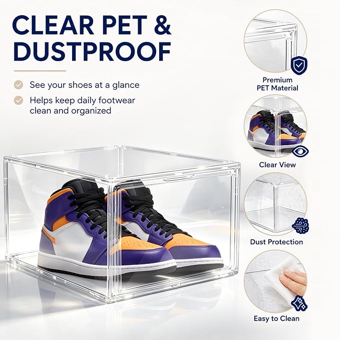 2 Pack Drop Front Shoe Boxes Acrylic Box Sneaker Case Size 12, Transparent Display Cases for Sneaker Collections, Baseball Caps, Hat Organizer Dust-free Shoe Cubbies Stackable Sneaker Boxes - Image 4
