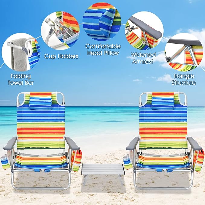 Giantex Folding Beach Chair, Patio Sling Chairs with 5 Adjustable Position, Head Pillow, Storage Bag, Towel Bar, Cup Holders, Backpack Chairs for Sunbathing, Camping Chair - Image 4