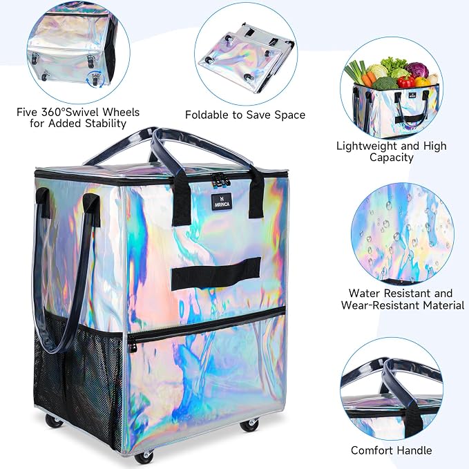 Reusable Grocery Bag On Wheels, 70L Foldable Rolling Tote Bag, Heavy Duty Shopping Cart, Water Resistant, 6 Pockets, Collapsible Portable Shopping Trolley for Travel Camping, Medium Gradient Silver - Image 6