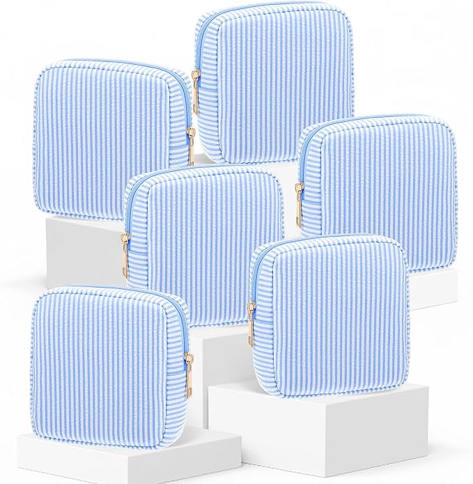 Sanwuta 6 Seersucker Cosmetic Bag Bulk Striped Makeup Bag for Women Aesthetic Cute Travel Toiletry Organizer Preppy Storage Pouch for Wedding Bridesmaid Mother's Day Teacher Gift (Small,Light Blue) by Sanwuta