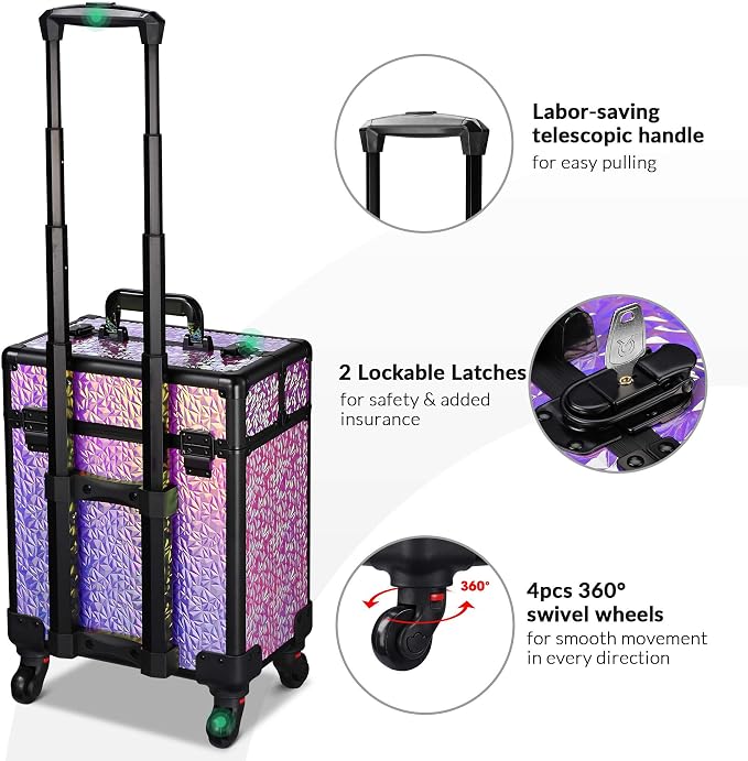 BYOOTIQUE Rolling Makeup Case Cosmetology case on wheels Makeup Artist Nail | Aluminum Rolling Makeup Suitcase with 360° Detachable Wheel Lockable 44Lb Large Capacity Organizer Nail Tech Mermaid Pink - Image 4