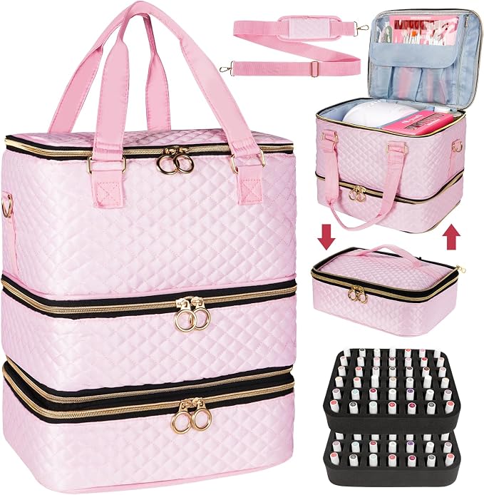 Nail Polish Organizer Bag Hold 84 Bottles(15ml/0.5 fl.oz), 3 Layers Nail Kit Supplies Organizer Bag Travel, Nail Organizers and Storage Case with Holder & Shoulder Strap, pink by MZTXY