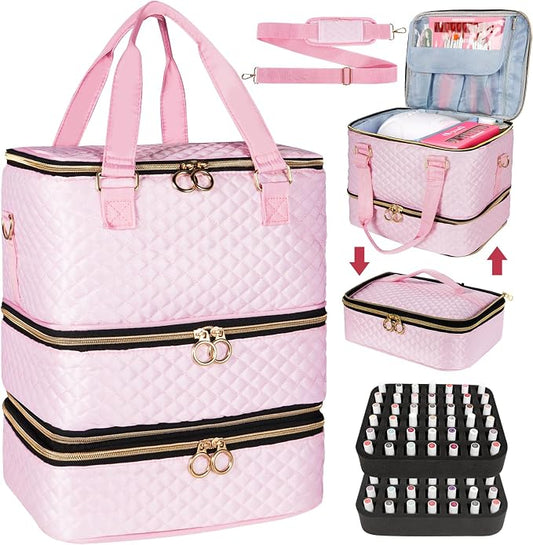 Nail Polish Organizer Bag Hold 84 Bottles(15ml/0.5 fl.oz), 3 Layers Nail Kit Supplies Organizer Bag Travel, Nail Organizers and Storage Case with Holder & Shoulder Strap, pink by MZTXY