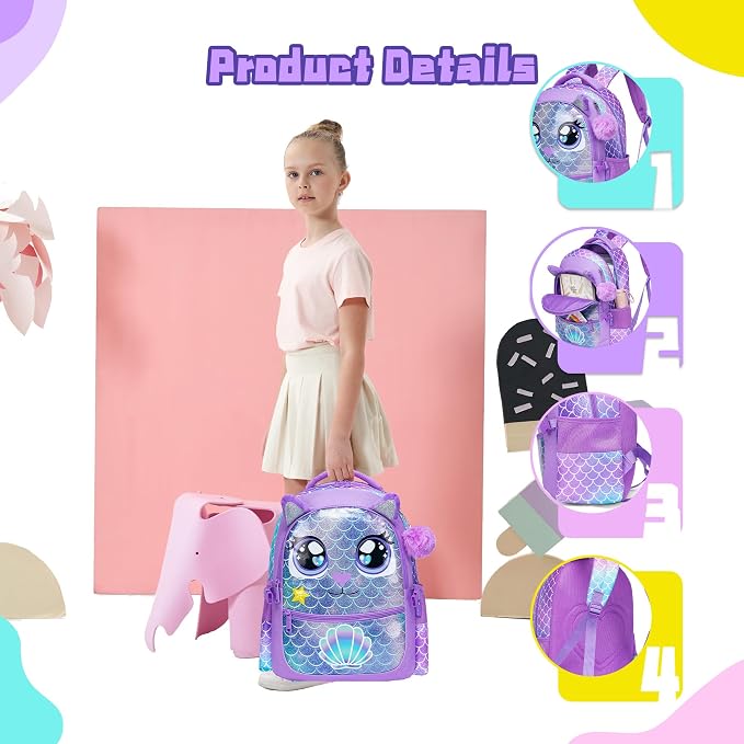 Backpacks for Girls School Bag Cute Girls Backpacks Ages 8-10 with Lunch Box Kids Bookbag Set Travel Backpack for Preschool Kindergarten Elementary Students Backpack to School Supplies - Image 4