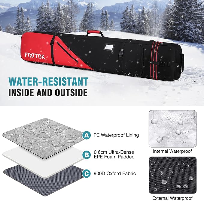 FIXITOK Snowboard & Ski Bag for Air Travel, Waterproof Full Padded Snowboard Bag Fit Board, Boots, Clothes, Helmet and Gear, Adjustable Length Ski Bag(157CM-181CM) - Image 6