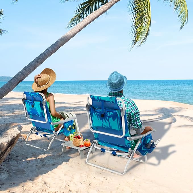 Giantex Folding Beach Chair, Patio Sling Chairs with 5 Adjustable Position, Head Pillow, Storage Bag, Towel Bar, Cup Holders, Backpack Chairs for Sunbathing, Camping Chair - Image 2