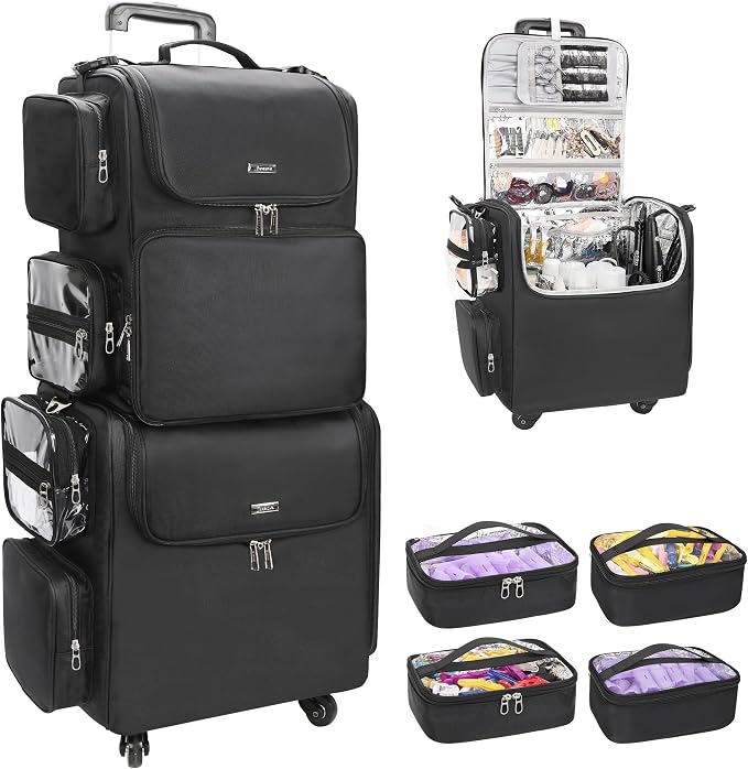 Relavel Rolling Makeup Train Case with Hair Stylist Backpack, Hairstylist Traveling Bag with 4 Wheels, Heat Insulation Full Layer, Adjustable Dividers, Hair Tools and Cosmetics Storage Organizer by Relavel