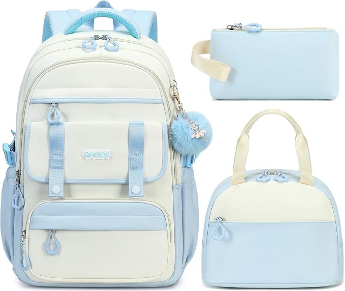 School Backpack for Girls, 3PCS Laptop Backpack 15.6 Inch with Lunch Box Pencil Pouch Set for Kids Teens Elementary Middle High School College Bookbag Student Casual Travel Daypack,Blue Beige by QHRIDS