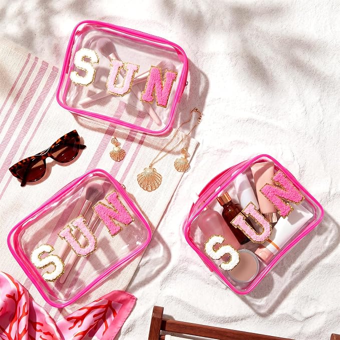 Kacctyen 12 Pcs Clear Sun Makeup Bags Bulk Sunscreen Pouch for Beach Pool Waterproof Toiletry Cosmetic Zipper Organizer with Preppy Chenille Letter Patch Women Girls Summer Vacation Gifts Essentials - Image 2