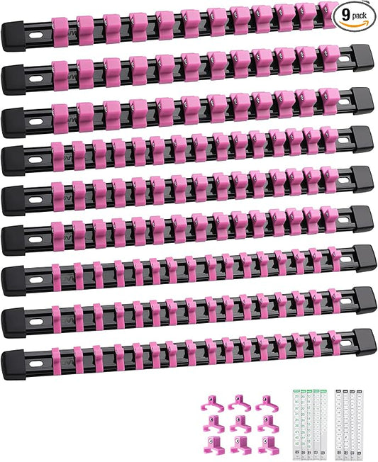 ALOANES 9PC Socket Organizer, Socket Rails Fit 1/2", 1/4" and 3/8" Drive | Heavy Duty ABS Socket Holders Hold up 129 Sockets for Toolbox Drawer Bags(Pink) by Aloanes