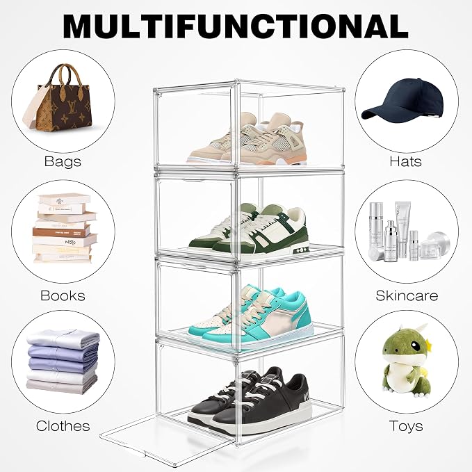 2 Pack Drop Front Acrylic Shoe Boxes with Magnetic Door Fit US Size 12, Clear Stackable Shoe Organizer for Closet, Entryway, Underbed, Multiple Display Cases for Hats, Figures, Sneakers - Image 6