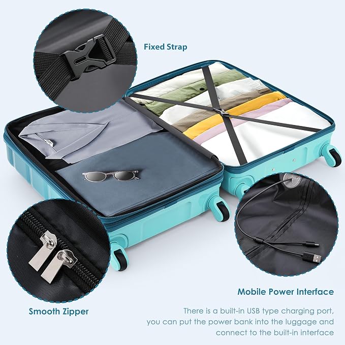 Hardside Luggage Sets, Lightweight Stripes Suitcase with Spinner Wheels, Blue 20 - Image 5