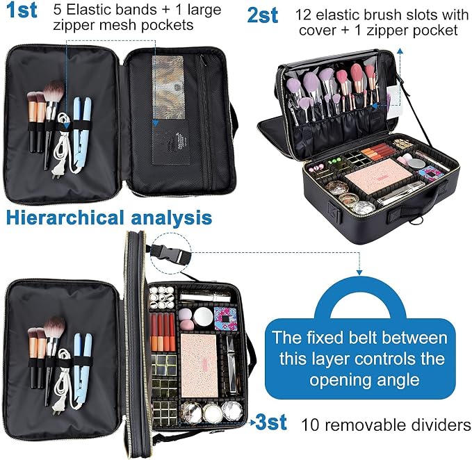 Travel Makeup Train Case,Large Capacity Cosmetic Bags for Women,Portable Makeup Bag Organizer with Adjustable Dividers & Shoulder Strap(Black, L) - Image 3