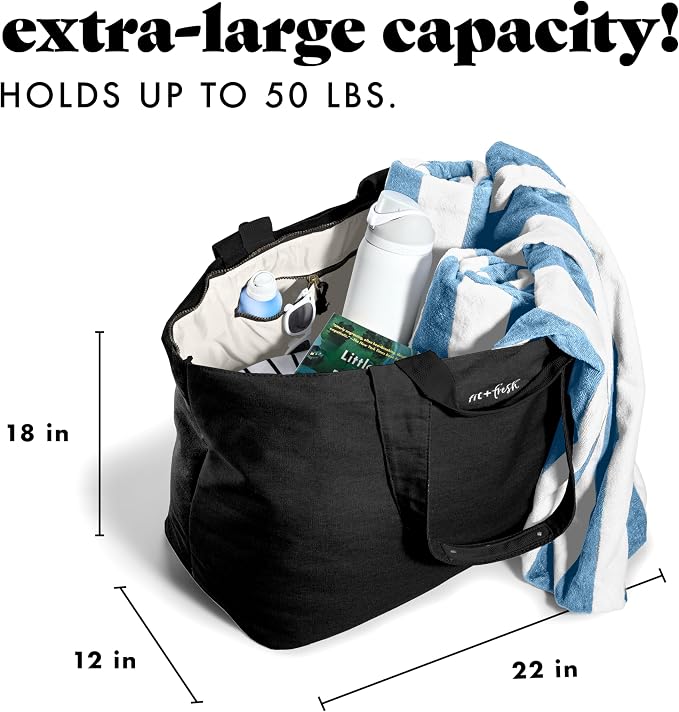 Fit & Fresh XL Beach Tote Bag for Women – XL Travel Tote with Zipper & Pockets, Oversized Canvas Pool Bag, Weekender Carry-On - Image 3