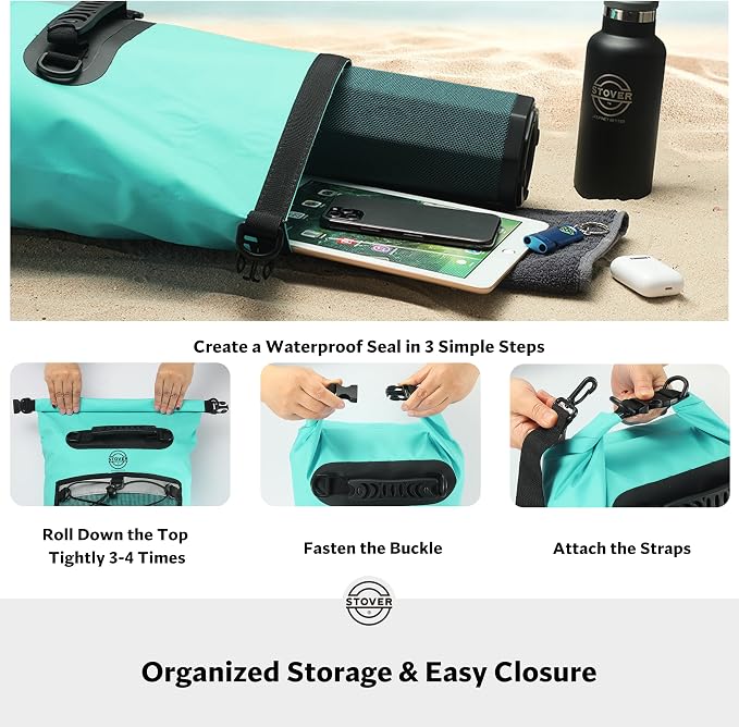 STOVER 5/10/25/30/40L Waterproof Dry Backpack & Phone Case- Large Floating Dry Bag for Kayaking, Travel, Hiking, Fishing, Camping, Motorcycles & Beach, Heavy-Duty Roll Top Men/Women (Teal) - Image 5