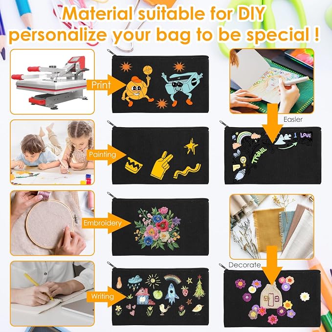 60Pcs Black Cotton Canvas Zipper Pencil Pouch Bulk, Blank DIY Craft Bag Canvas Pencil Case, Multipurpose Toiletry Tote Bag for Makeup Cosmetic, Invoice Bill, Travel Toiletry (Black,60) - Image 7