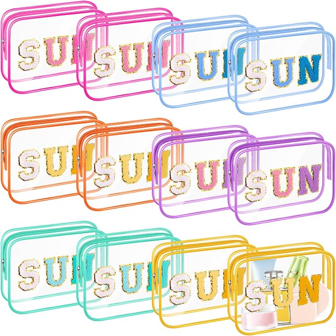 Kacctyen 12 Pcs Sun Clear Makeup Bags Bulk Sunscreen Pouch for Beach Pool Waterproof Toiletry Cosmetic Zipper Organizer with Preppy Chenille Letter Patch Women Girls Summer Vacation Gifts Essentials by Kacctyen