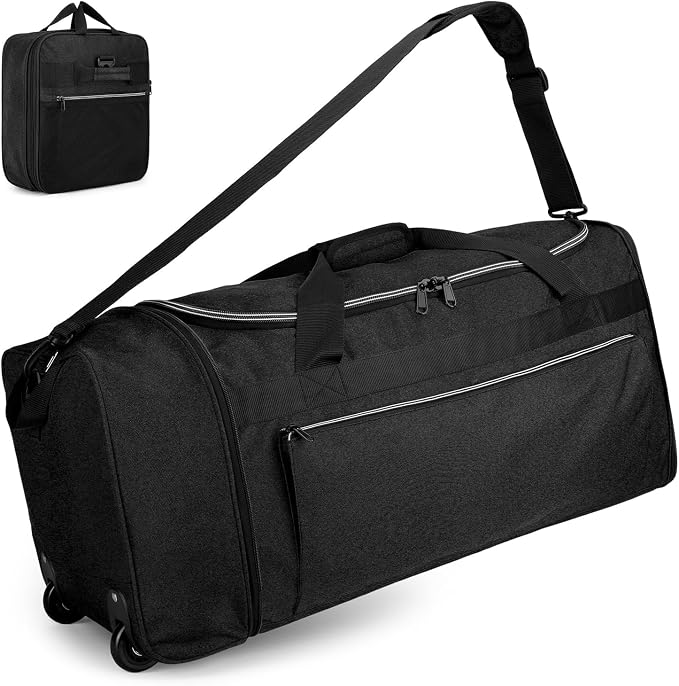 Uarition 70L Foldable Rolling Duffle Bag with Wheels, 28” Large Duffle Bag for Travel, Carry On Luggage Duffel Bag for Traveling/Camping/Moving, Water Resistant, Black by DUFFEL