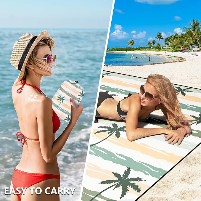 HIHOHO Beach Blanket Waterproof Sandproof Beach Mat 79”x 83” for 1-8 Adults Quick Drying Durable Outdoor Picnic Mat for Beach Festival Travel Camping Hiking (Stripes Cocotree-YL&GN, 79"×83"(4 Person)) - Image 5