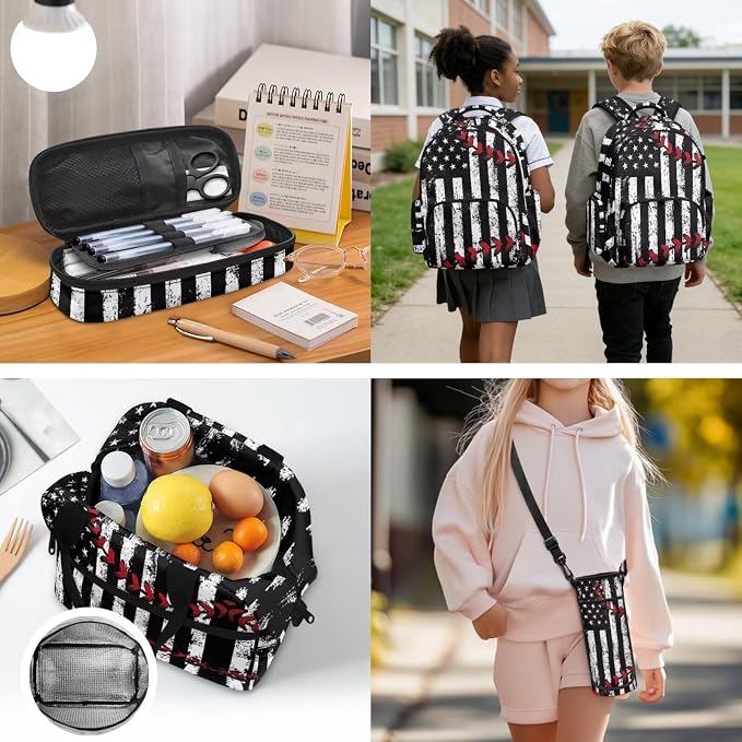 Backpack for Kids Boys 4 PCS School Bookbag with Lunch Box Pencil Pouch and Water Bottle Sleeve Pouch Set Lightweight Preschool Custom Baseball Print - Image 7