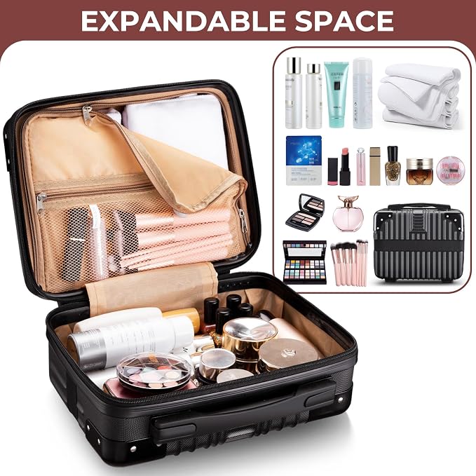 Noverlife 14 Inch Portable Hard Shell Cosmetic Travel Case, Mini Travel Hand Luggage with Elastic Band Travel Makeup Case, Small Makeup Carrying Suitcase for Train Cosmetic Bag Travel Camping - Black - Image 5