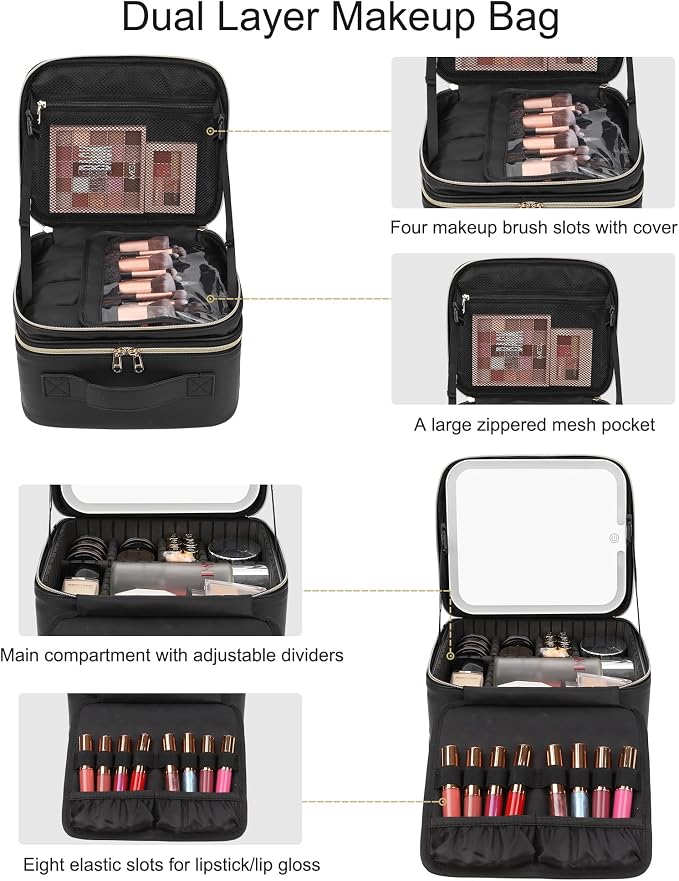 Chomeiu Makeup Bag with LED Mirror, 2 Layer Travel Makeup Case for Women and Makeup Artists Cosmetic Organizer Large Make Up Bags, 3 Color Lights, Adjustable Dividers and Brush Holder - Image 2