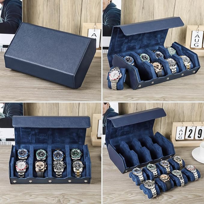 Hiram Genuine Leather Hexagon Watch Roll Travel Case, Leather 8-Watches Roll Case with Removable Pillow Cushion for Treasured Watches and Bracelets-Blue - Image 6