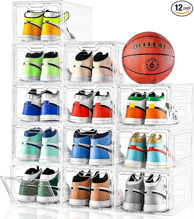 12 Pack Thicken & Sturdy Clear Shoe Storage Organizer with Magnetic Door, Shoe Boxes Clear Plastic Stackable for Closet, Shoe Rack for Sneaker Boot Container, Shoe Cabinet Fit up to US Size 12 by Stebopum