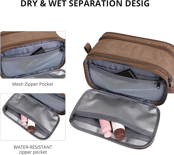 WITZMAN Canvas Toiletry Bag for Men Travel Toiletries Large 7L Dopp Kit | Multi-pockets with Dry-wet Pocket, Side Handle for Hanging, Lightweight, For Daily Use, Bathroom, Make up, A8002 Brown - Image 6