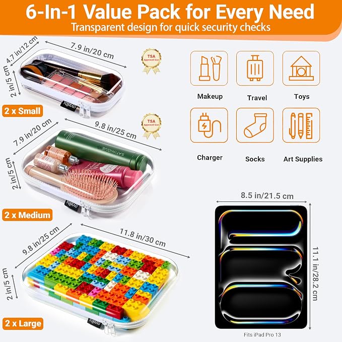 YQBRAO 6 Pack Clear Hard Shell Zipper Case, 1.2mm Heavy Duty Crush-Proof Diaper Bag Organizer Pouches, TSA Approved Travel Makeup Bag for Toiletries & Electronics, (2L, 2M, 2S) Multi-Size Storage Set - Image 4