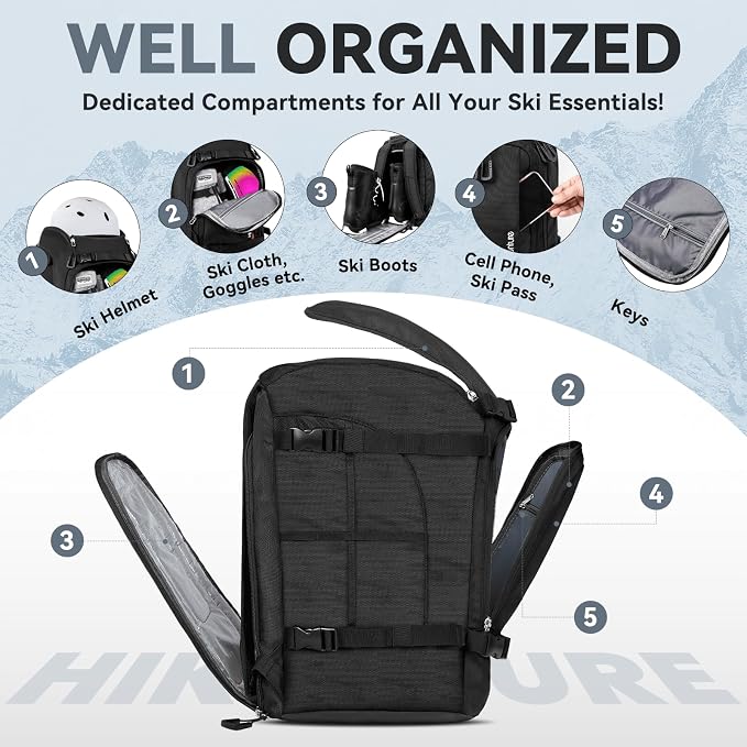 Hikenture Ski Boot Bag Backpack, 50L Padded Ski Bag & Snowboard Boot Bag with Drain Holes, Large Capacity Water-Resistant Ski Travel Bag for Ski Boots, Helmet, Goggles, Clothes, Gloves, Snowboard Gear - Image 4