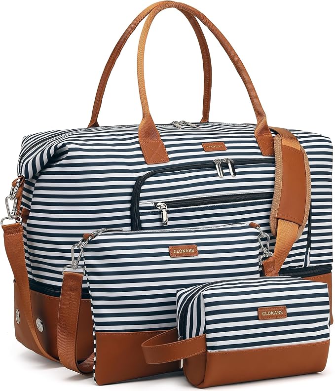 Weekender Bags for Women Travel, Under Seat Carry On Bags for Airplanes Overnight Bag with Shoe Compartment Luggage Sleeve, Foldie Travel Tote Bag Hospital Bag, Travel Gifts, Blue Strip by Unknown