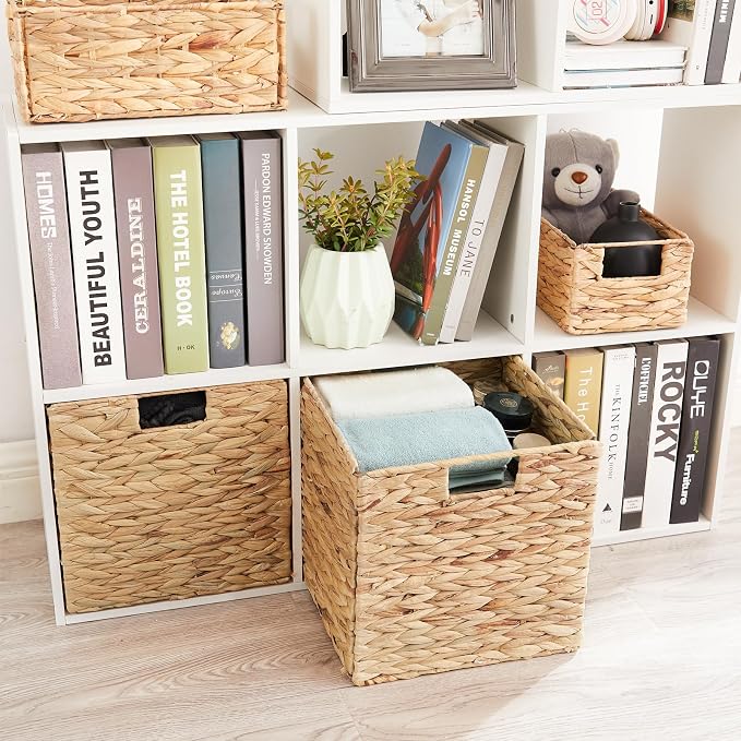 Vagusicc Wicker Storage Basket, Set of 2 Water Hyacinth Storage Baskets for Organizing, 11x11x11 Storage Cube Bins, Wicker Storage Cubes, Natural Foldable Square Baskets for Shelf Laundry Organizer - Image 2