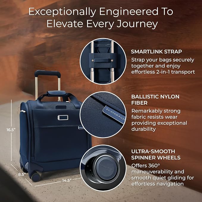 Briggs & Riley Cabin Spinner - Carry On Luggage for Travel, Suitcases with Wheels, Softside Rolling Bag for Men & Women, Fits Under Plane Seat, Interlocking Handle - Baseline Collection, Navy - Image 2