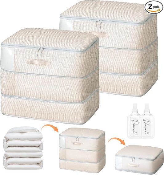 Comforter Storage Bag - Large Capacity Blanket Storage Bags 3-Layer Ultra Space Saving Self Compression Organizer, Washable Compression Bags for Storage Comforter Blanket, 2-Pack, Beige by EasortmPackingCubes