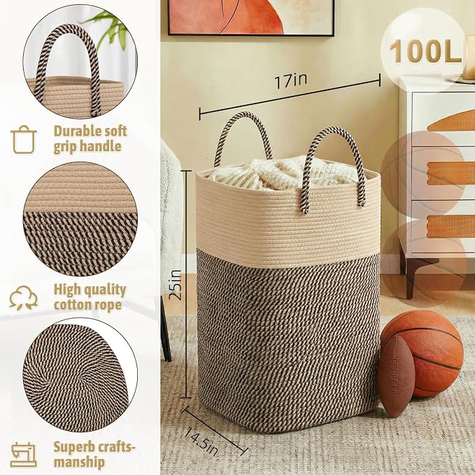 Laundry Basket,Woven Cotton Rope Laundry Hamper,Versatile Storage for Dirty Clothes,Baby Toys,and Blankets in Bathroom, Nursery,and Living Room (Jute, 100L) - Image 2