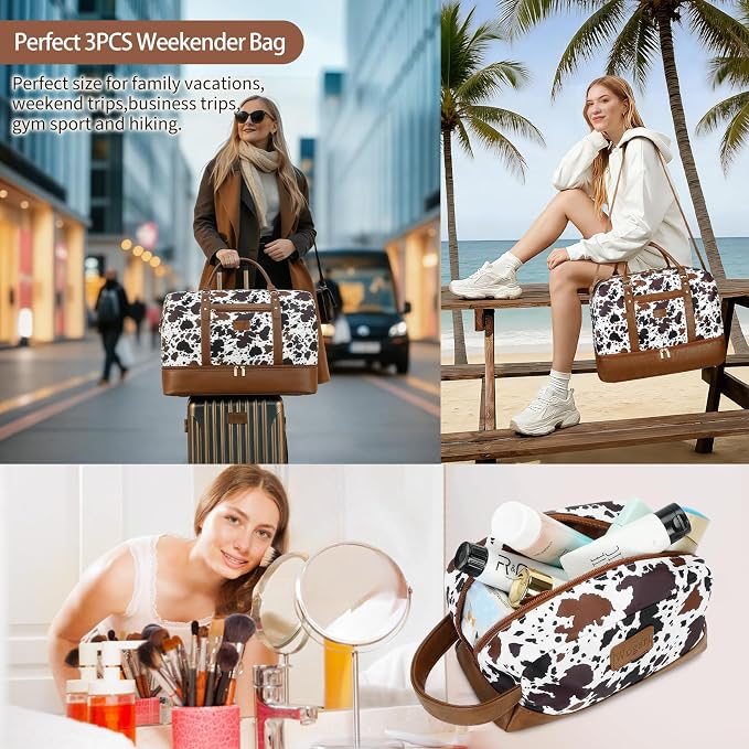 Wogarl 3PCS Weekender Bags for Women Large Overnight Bag Weekend Travel Duffel Bag Carry on Shoulder with Shoe Compartment Toiletry Bag Satchel Bag for Travel Business Gym,Brown Cow - Image 2