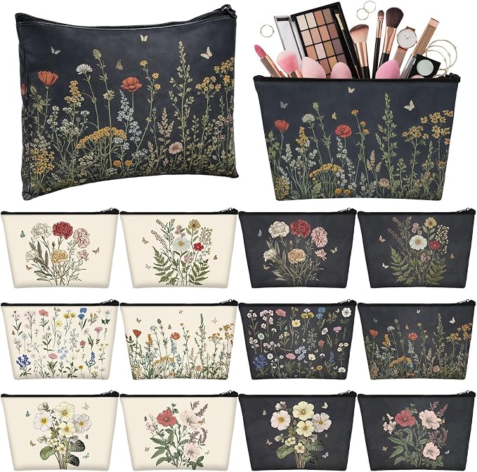 Sweetude 12 Pcs Black Flower Makeup Bags Bulk Portable Wildflower Travel Cosmetic Bags with Zipper Floral Waterproof Roomy Travel Toiletry Organizer Storage Beauty Pouch for Women Wedding Gifts by Sweetude
